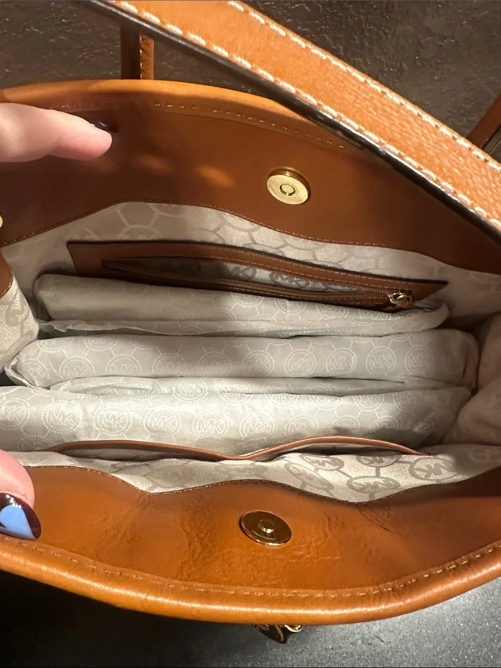 Michael Kors Cream Canvas Satchel with Navy Stripe and Brown Leather Trim